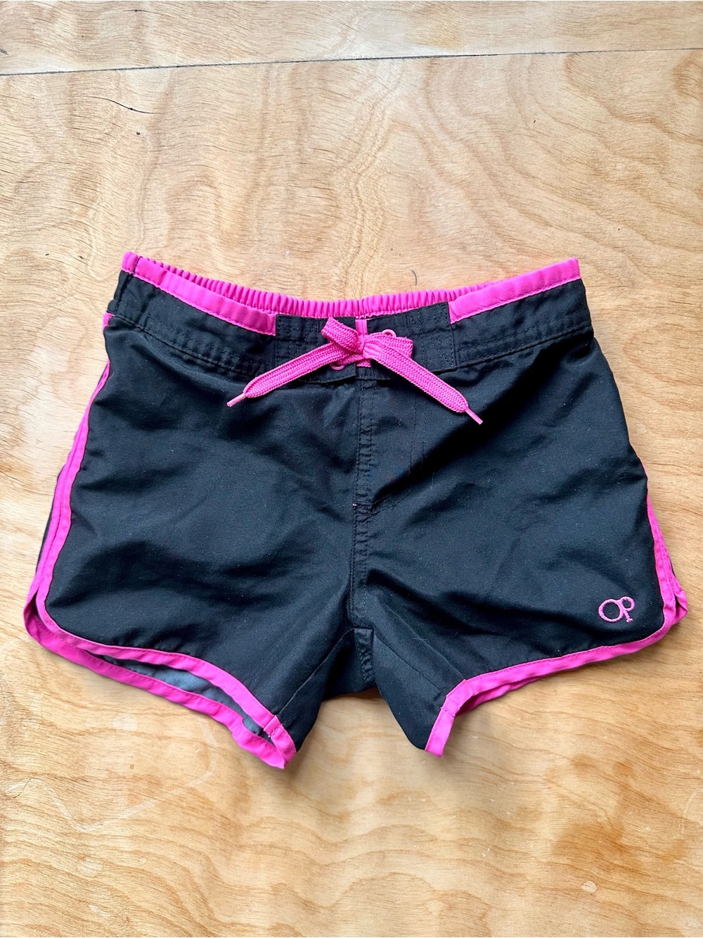 OP Ocean Pacific Vintage Girls Swim Board Shorts Black Pink Sz 6X Beach Surf Y2K